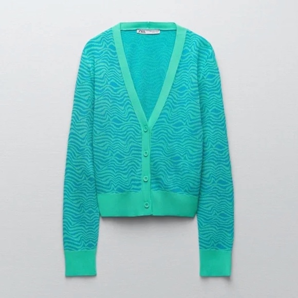 Zara blue turquoise jacquard V-neck knit cardigan NWT - Picture 1 of 7